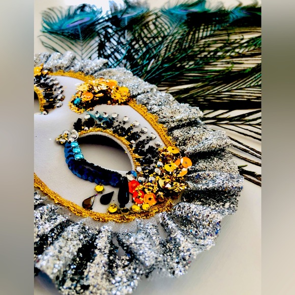 Beaded eye mask grn ostrich feathers Carnevale Masquerade Mardi Gras Halloween - Picture 9 of 16